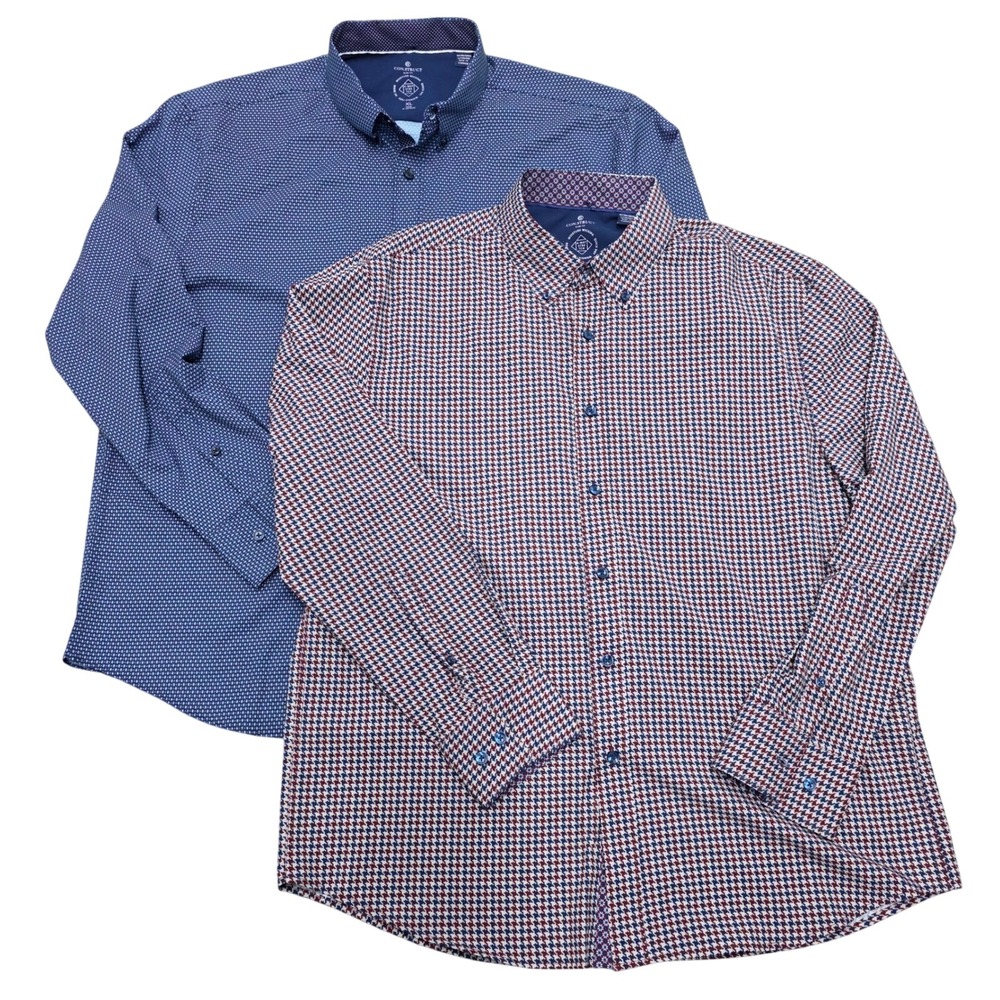 CON.STRUCT Mens Slim Fit Long Sleeve Button Down Shirts XL Blue Geo Houndstooth